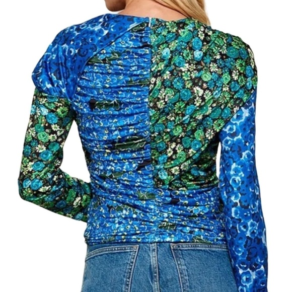 ZARA Patchwork Floral Blouse Top Keyhole Neckline Ruched Draped Cape Sleeve NWOT - Picture 11 of 16